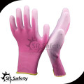 SRSAFETY 13 aguja de nylon sin costuras de color rosa guantes de construcción PU guante